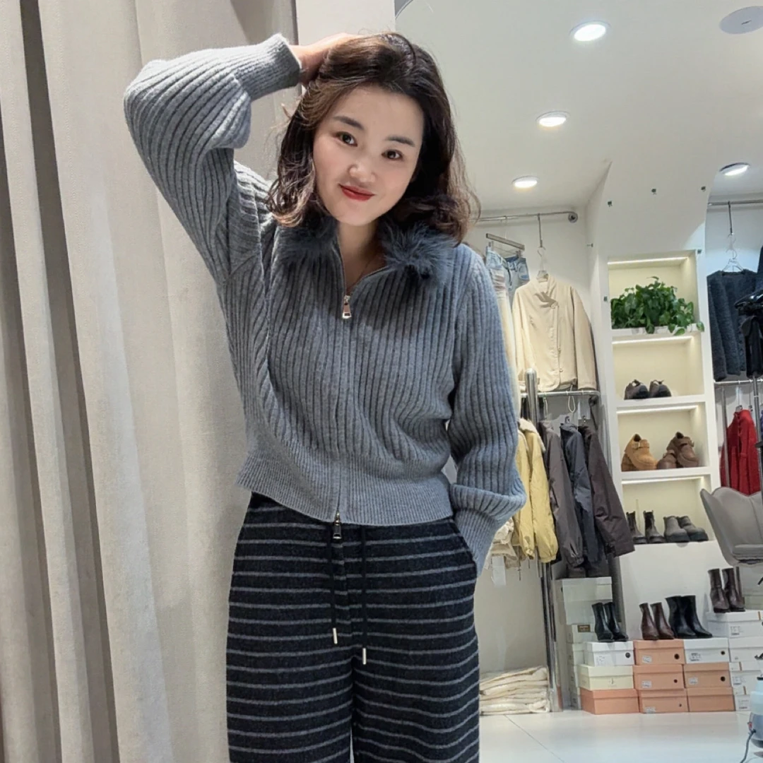 秋冬新款毛领拼接双拉链针织开衫女慵懒百搭显瘦毛衣