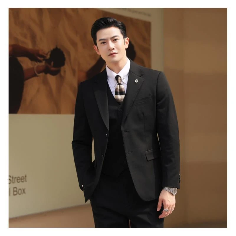 升级款羊毛春季男士商务休闲时尚职业结婚修身平驳领西装套装男
