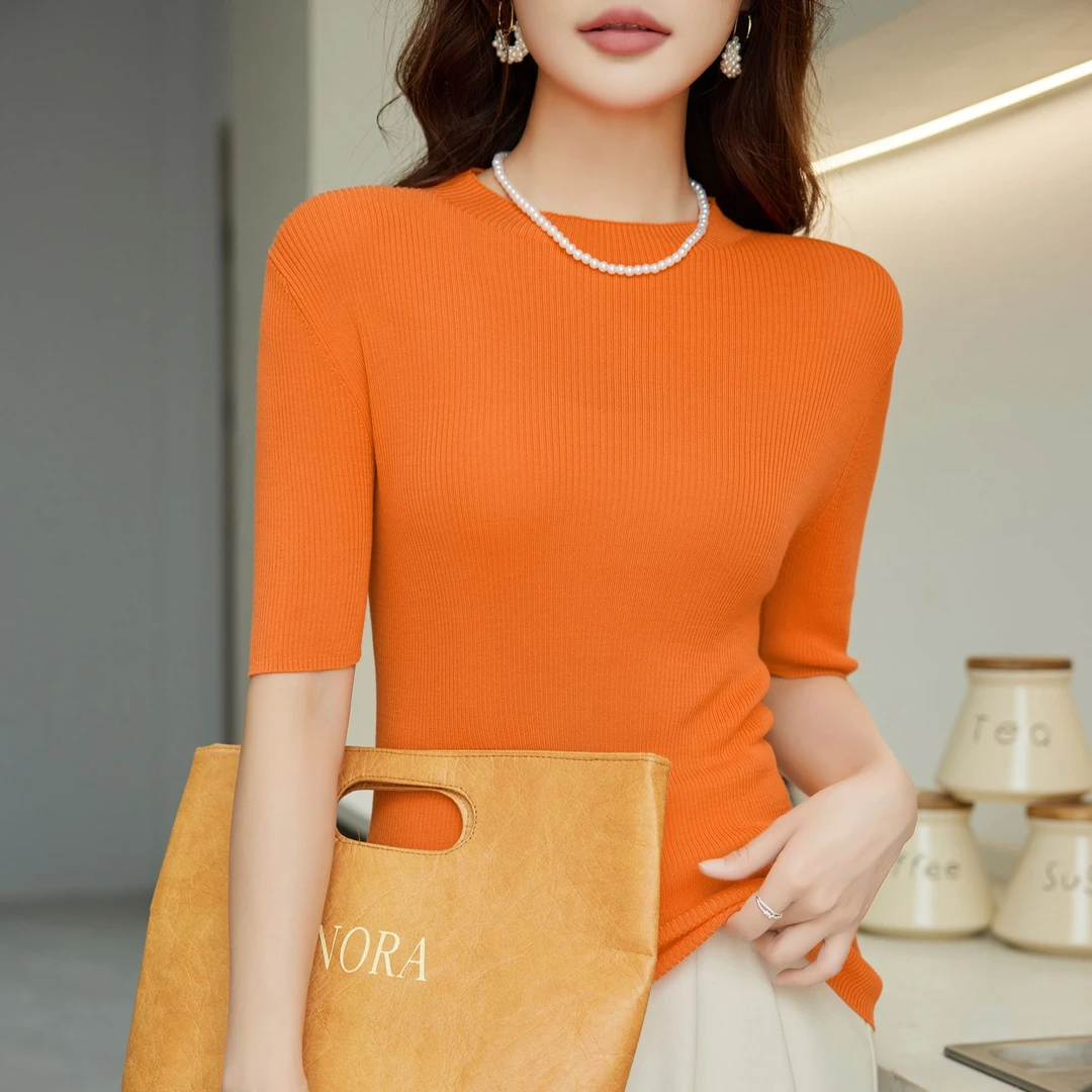 [莱赛尔天丝100%]女针织T恤2025夏季新款半高圆领短袖薄款上衣