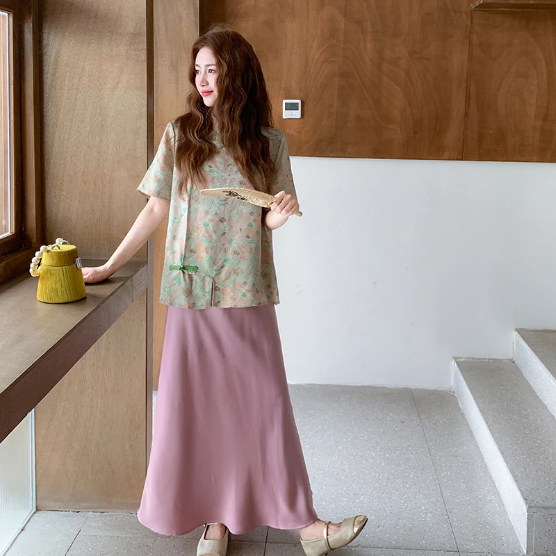 新中式国风立领旗袍上衣缎面半身裙套装两件套女夏季高级感千金风