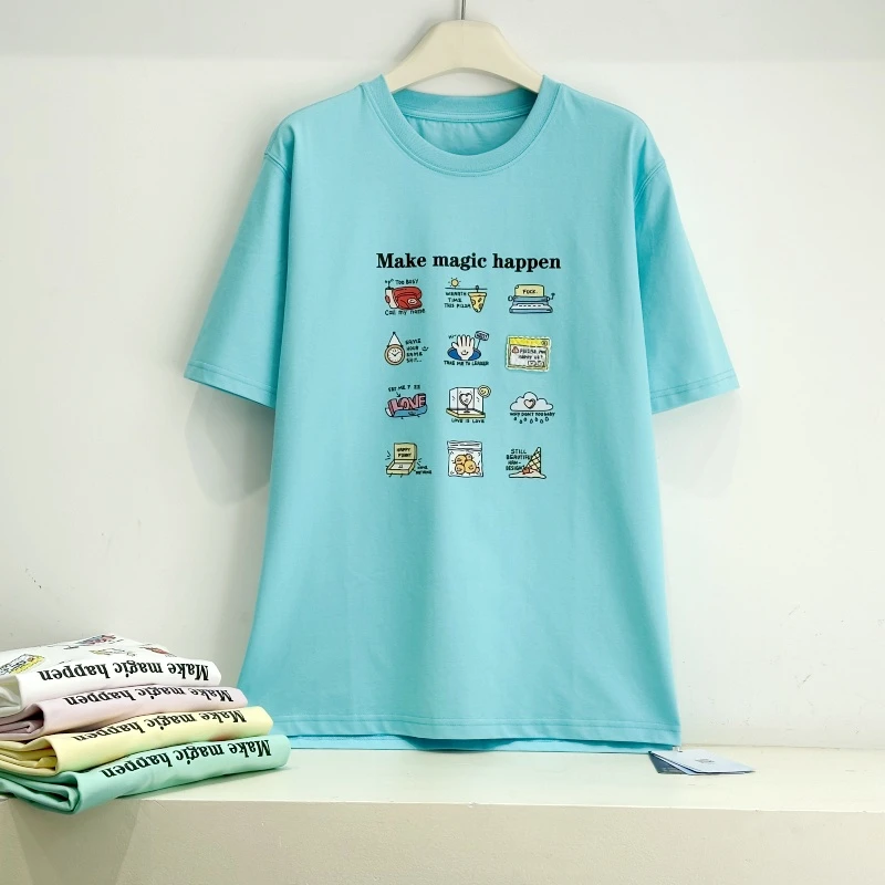 潮牌短袖T恤圆领中长款凉感棉字母卡通图案多巴胺宽松大版夏款女