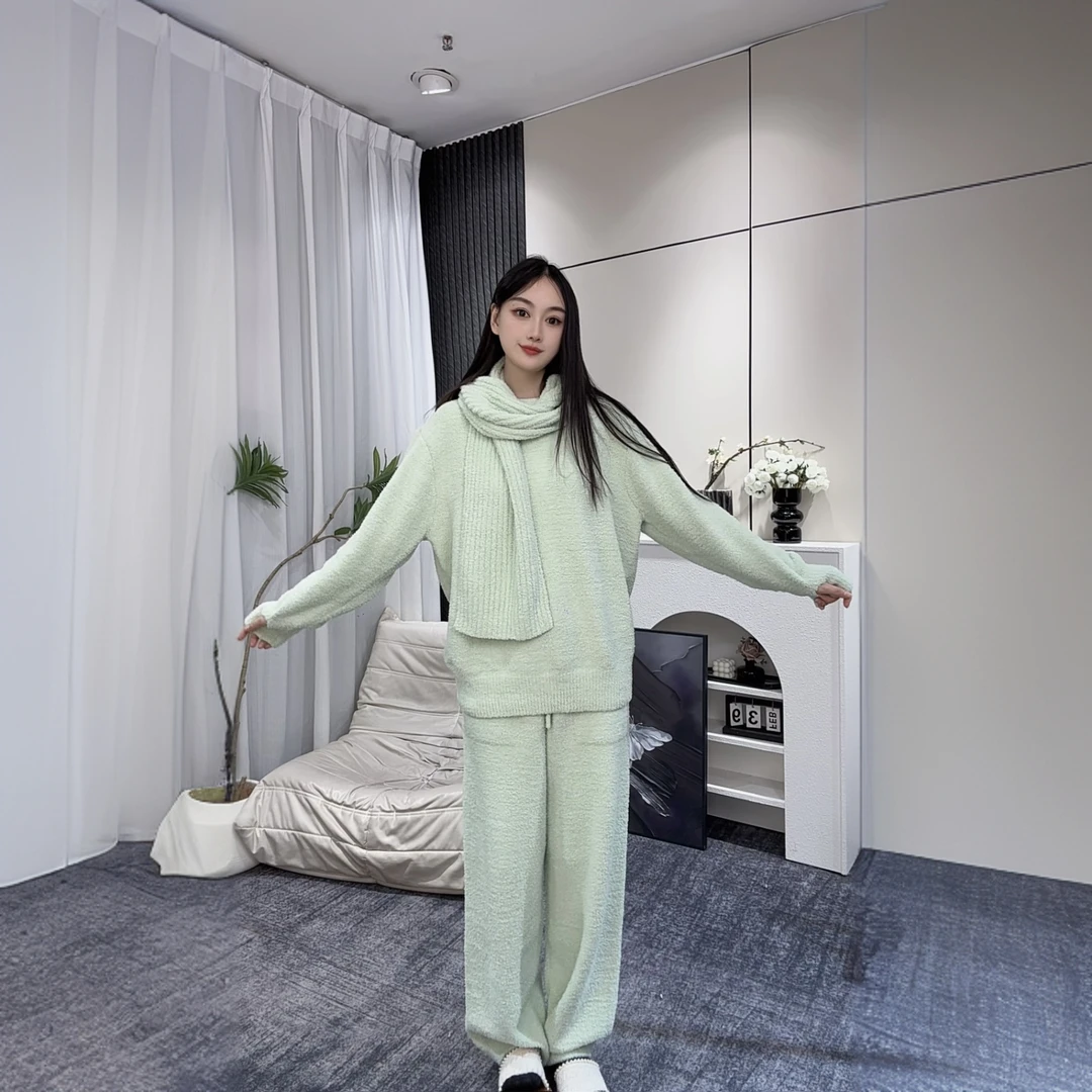 XY818春秋款长袖女士套头围巾纯色简约家居服套装