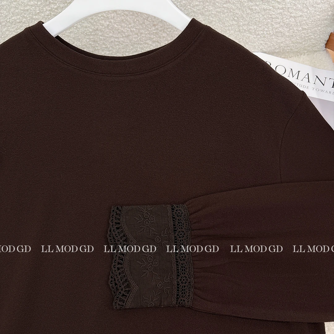 遐想一下 高级时尚设计蕾丝边简约圆领羊绒百搭显瘦上衣YL-263715