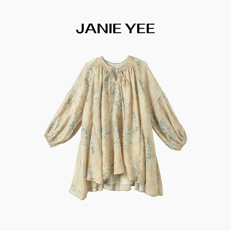 Janie Yee“桂花糕” 100苎麻宽松慵懒老钱风中长款连衣裙 25A0160