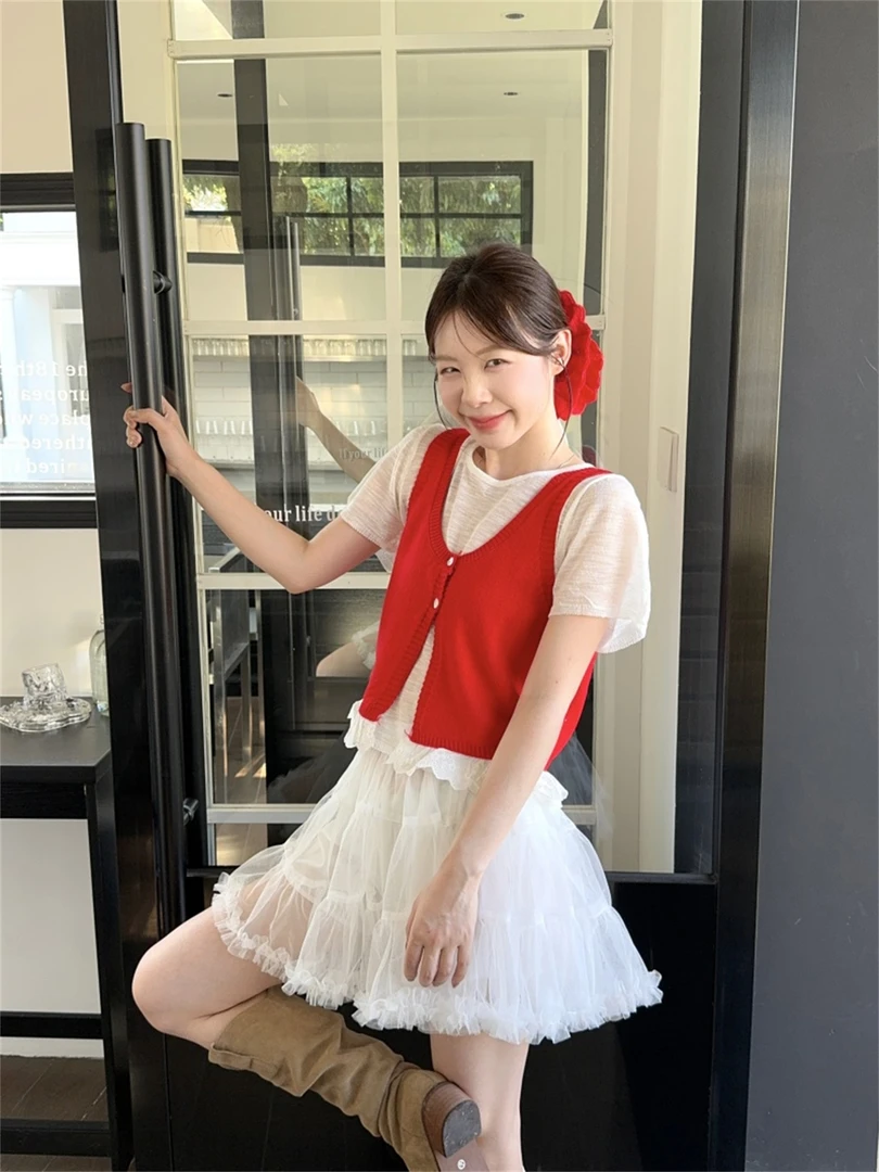 【现货~两件套】2025春季新款韩系圆领短袖针织衫+背心外穿无袖上衣