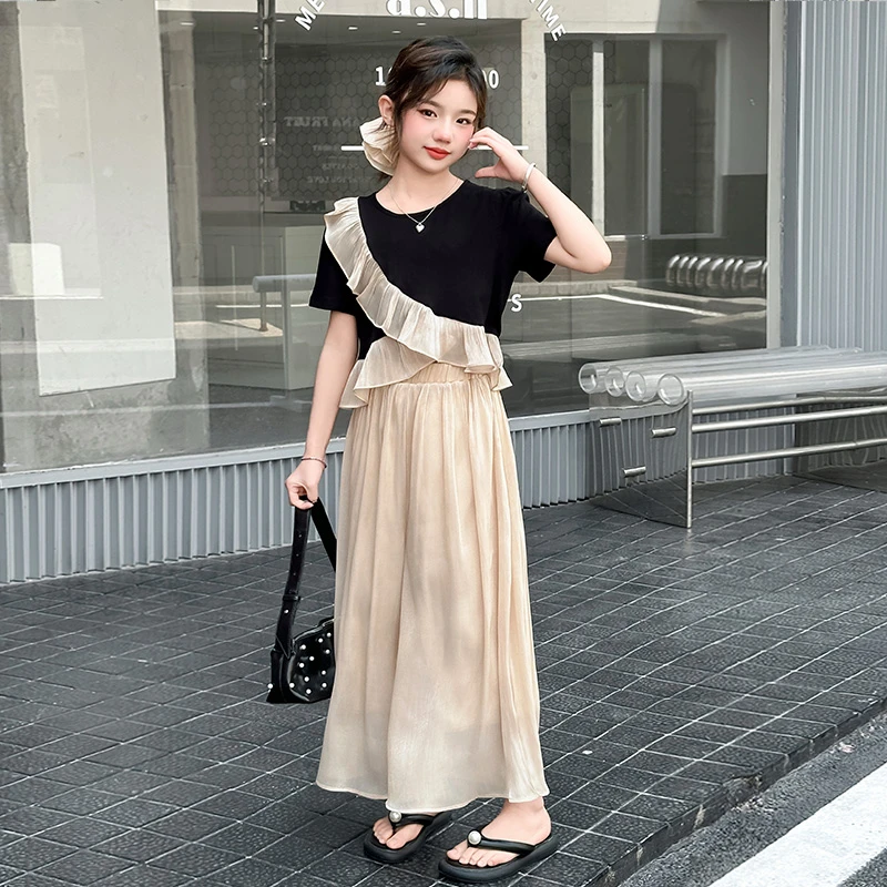 女童套装夏装6-12岁洋气中大童时髦短袖阔腿裤两件套女孩韩系穿搭