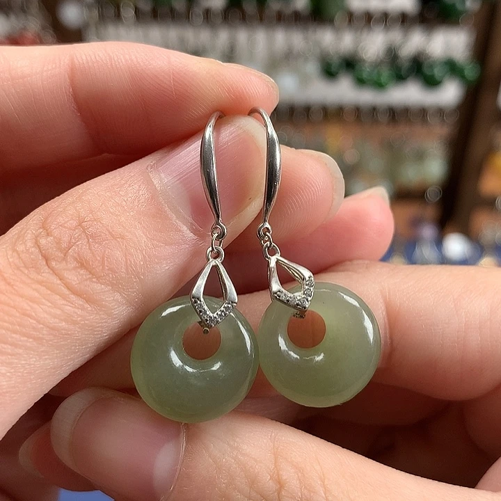 和田玉银S925镶嵌耳饰平安扣15左右晴水