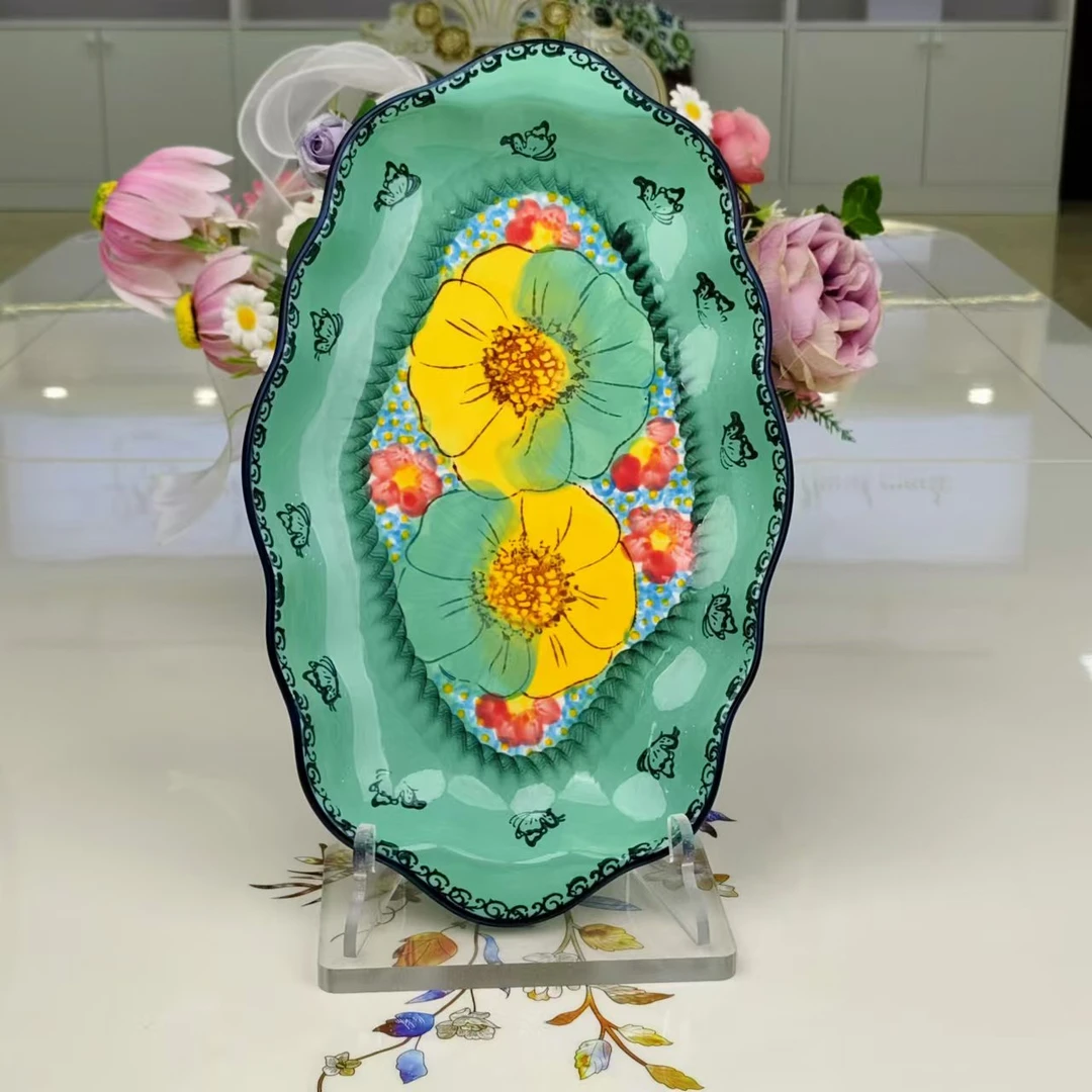 新瓷新疆包邮【碧海苍田】家用釉下彩陶瓷13英寸鱼盘