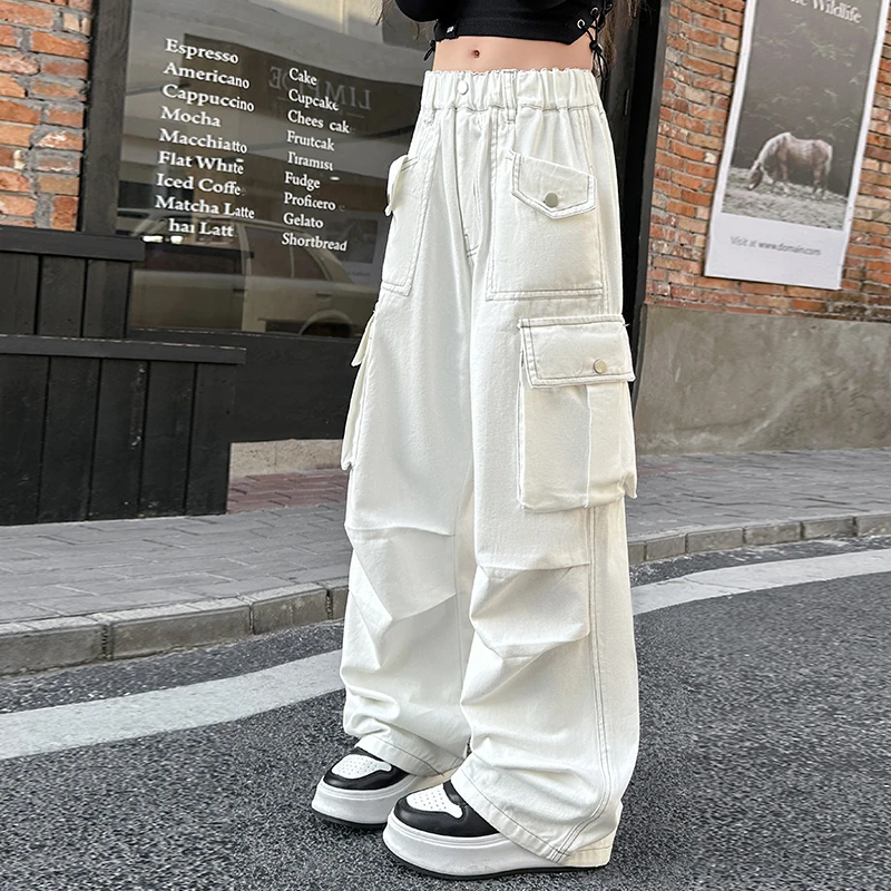 女童大口袋工装裤宽松阔腿裤2025新款中大童潮酷女孩裤子春夏薄款