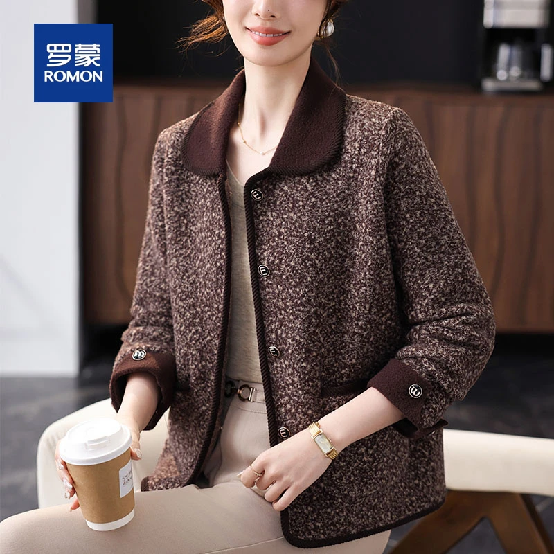 罗蒙妈妈春装2025新款洋气高贵翻领外套中老年女春秋短款针织上衣
