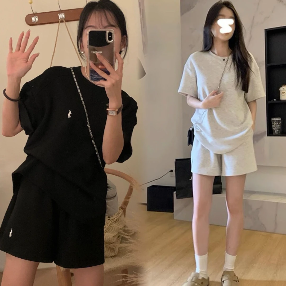 G195#【7.4-4D】 薄款圆领绣花短袖宽松休闲T恤+托腹短裤套【运费险】