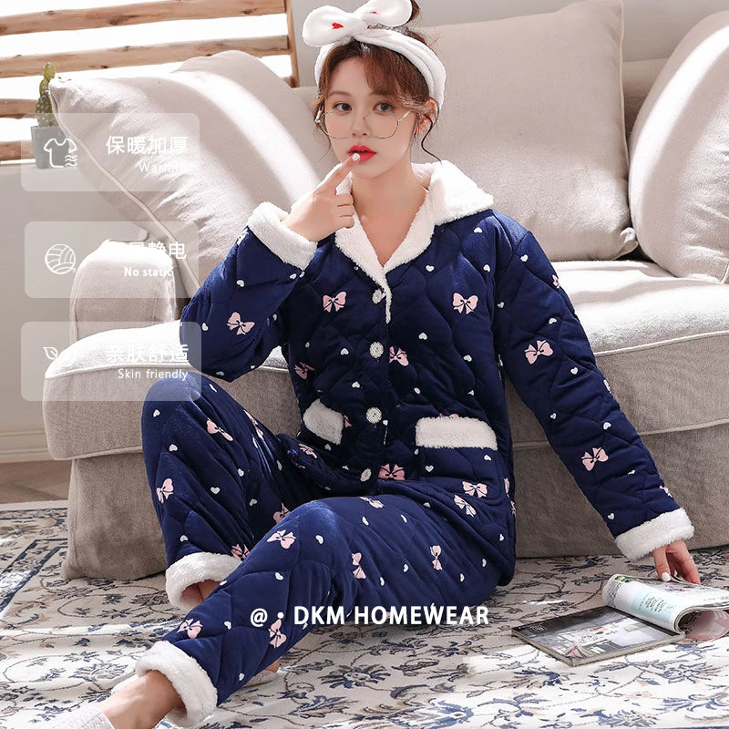 2025新款女士甜美蝴蝶结夹棉睡衣长袖冬天厚款珊瑚绒长裤家居服