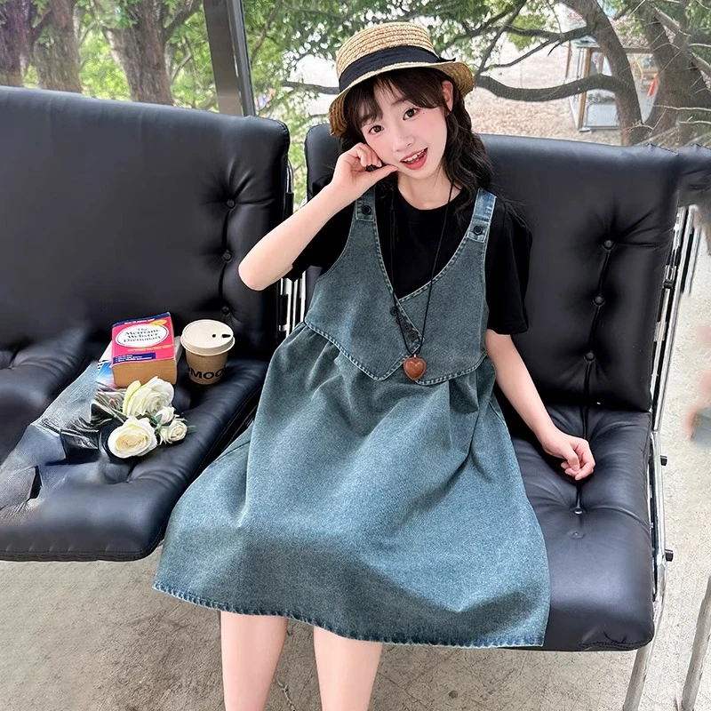 女童假两件牛仔连衣裙2025夏季新款中大儿童学院风短袖裙子中长款