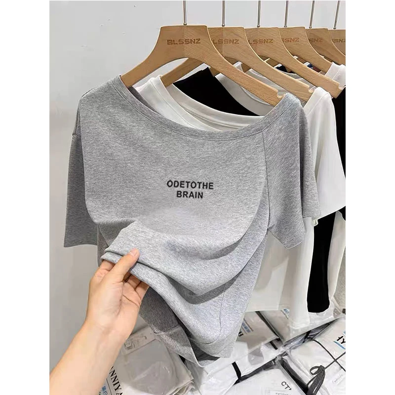 斜肩短袖t恤女2025新款小众设计感时尚洋气气质百搭打底衫上衣夏