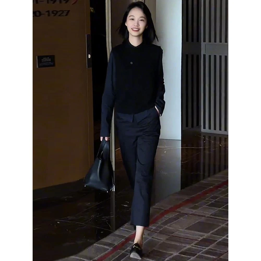 时尚气质套装女2025秋季新款洋气长袖衬衫马甲直筒阔腿裤三件套潮
