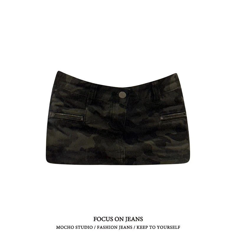 美式辣妹迷彩牛仔半身裙女春夏修身包臀显瘦短裙裤防走光大码胖MM