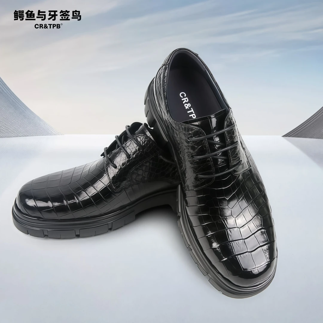 鳄鱼与牙签鸟鳄鱼真皮潮流男鞋 全鳄肚皮休闲德比鞋 EZ242323A