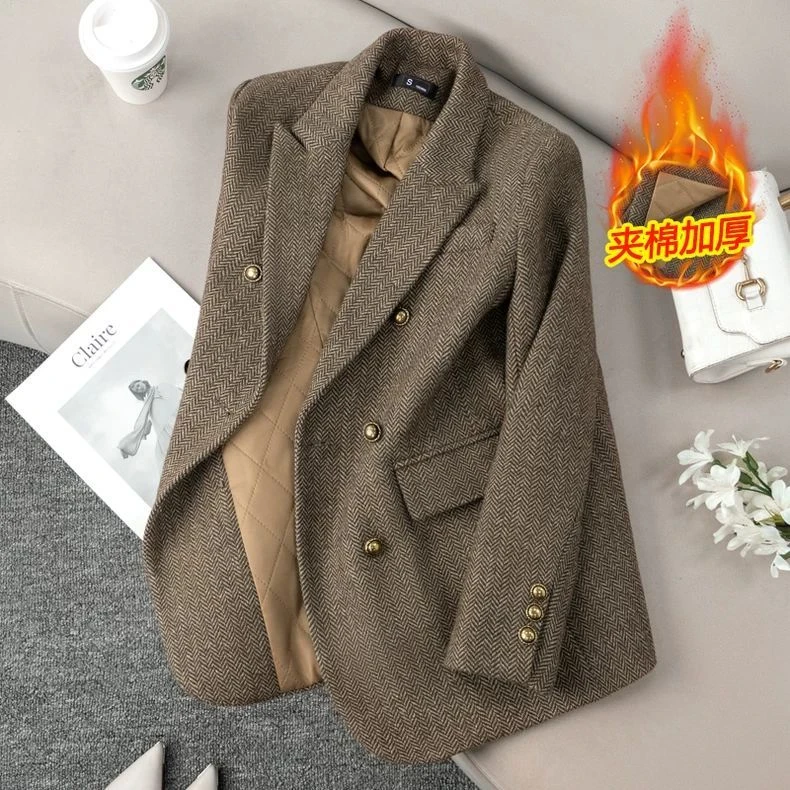 大码呢子夹棉小西装外套女秋冬2025新款高级感冬季加厚西服小个子