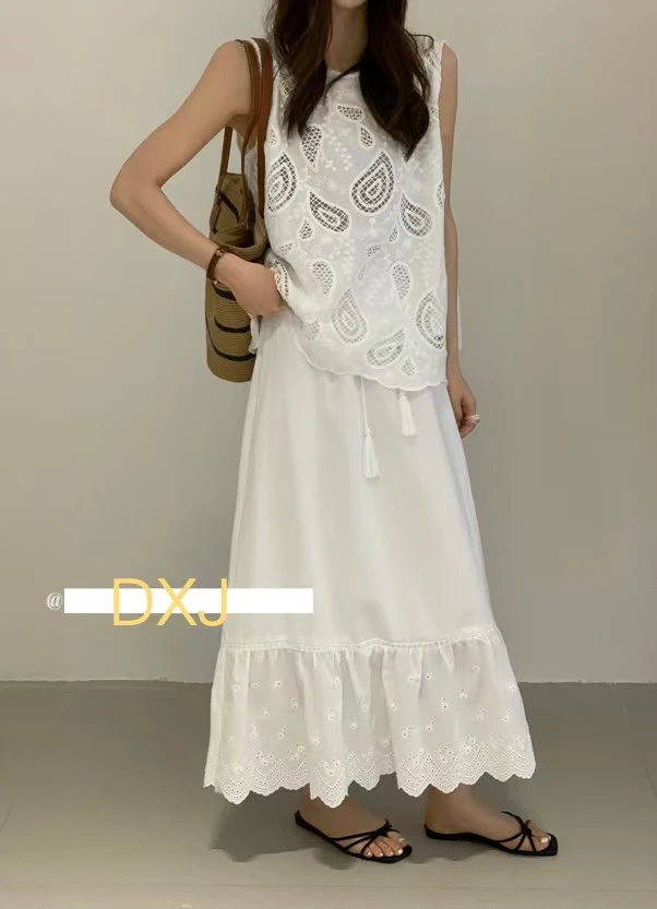 【大欣家】SJ020「刺绣口袋」白色韩系珍珠麦穗抽绳腰带半裙