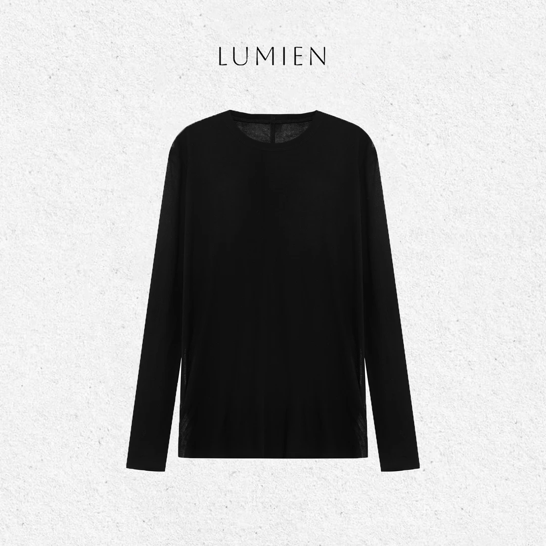 【LUMIEN】夏季新款柔软亲肤长绒棉圆领黑色透透T恤上衣女LX5CTT099