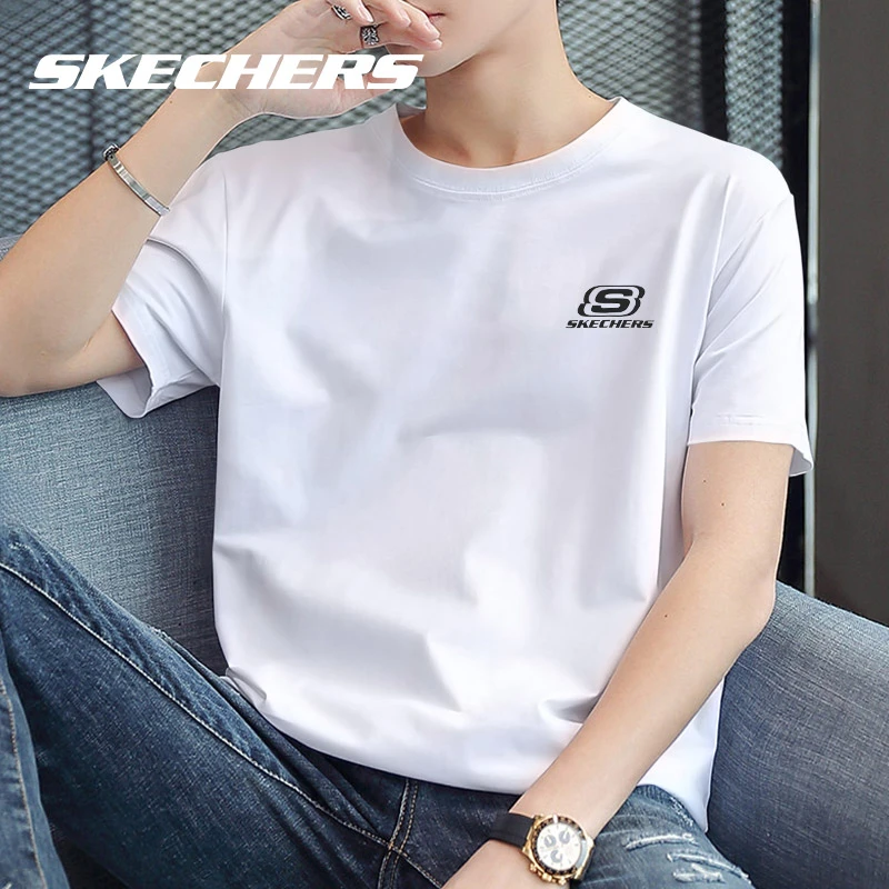 斯凯奇短袖t恤男夏季新款白色圆领半袖透气休闲纯棉运动上衣男