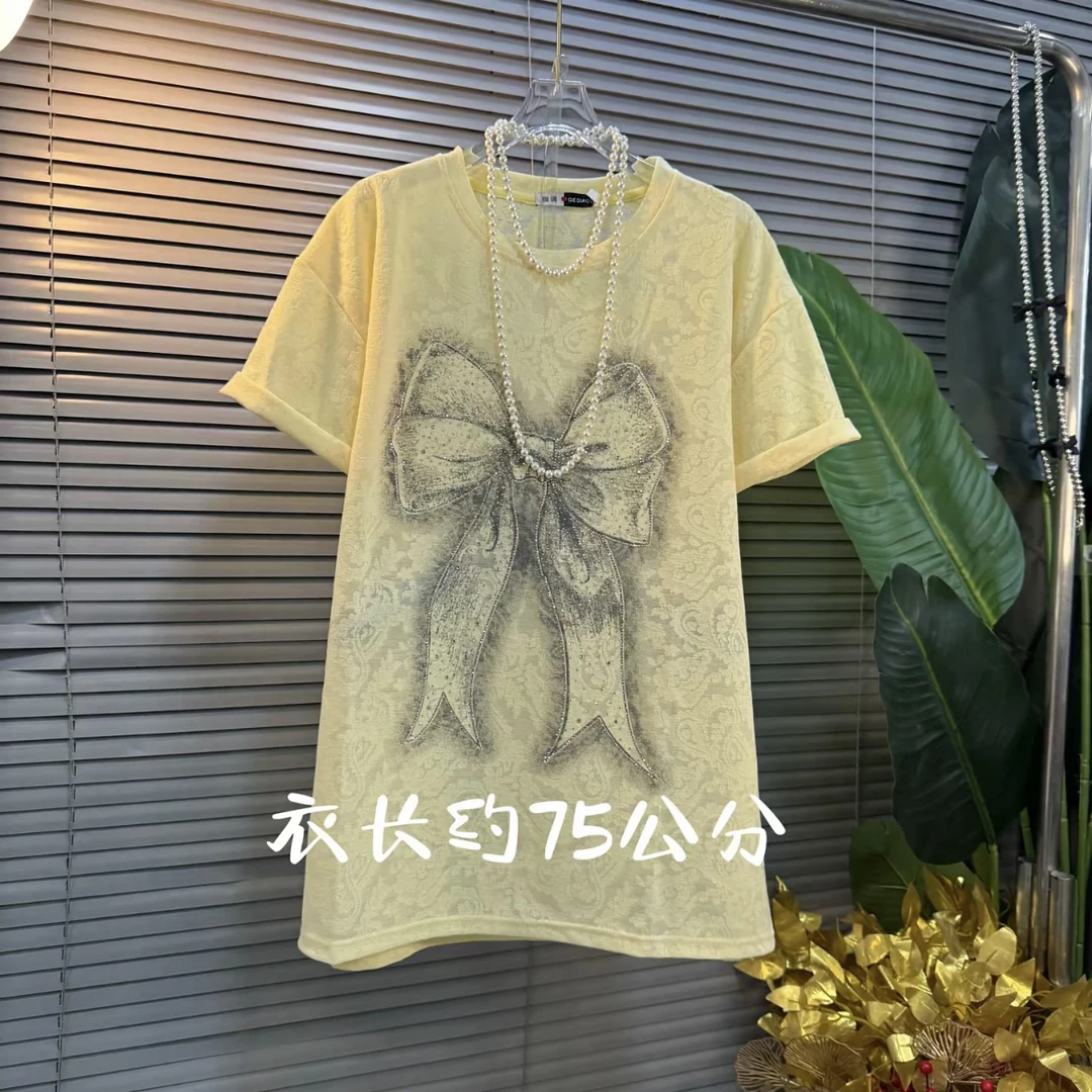 2025春夏季圆领提花蕾丝烫钻短袖衫宽松型薄款休闲中长款大码女装