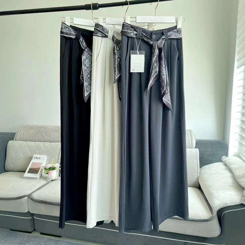 【带丝巾】2025夏冰丝西装阔腿裤女新款垂感休闲直筒裤气质超垂裤子