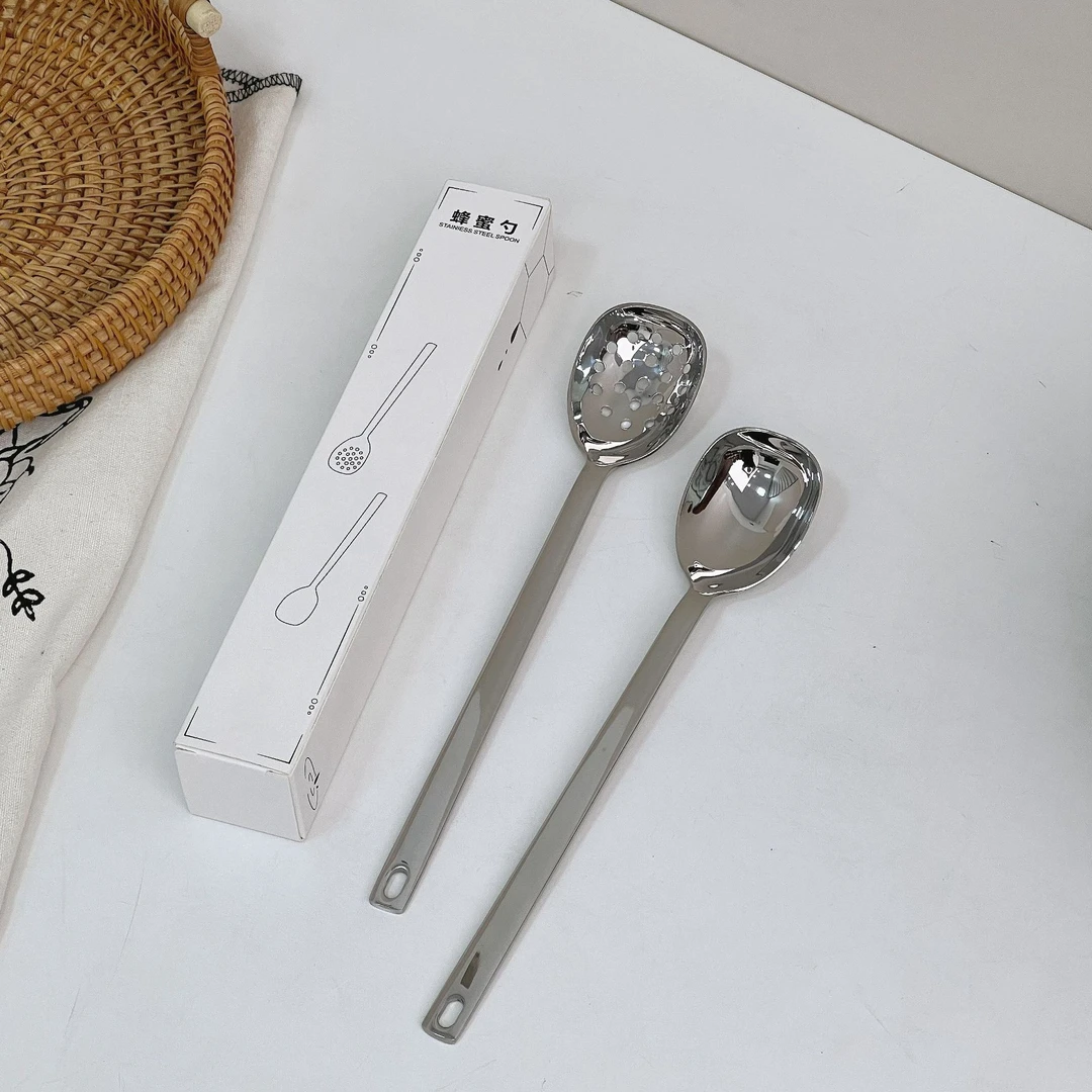 316创意不锈钢长勺蜂蜜勺小漏勺草莓勺网红长柄咖啡搅拌勺果酱勺
