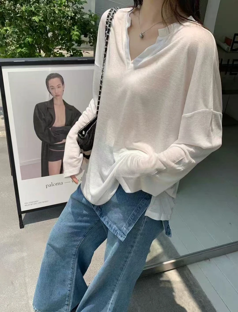 十三行【RUNXI闰熙】韩版醋酸天丝雪花棉V领长袖防晒上衣薄款0926