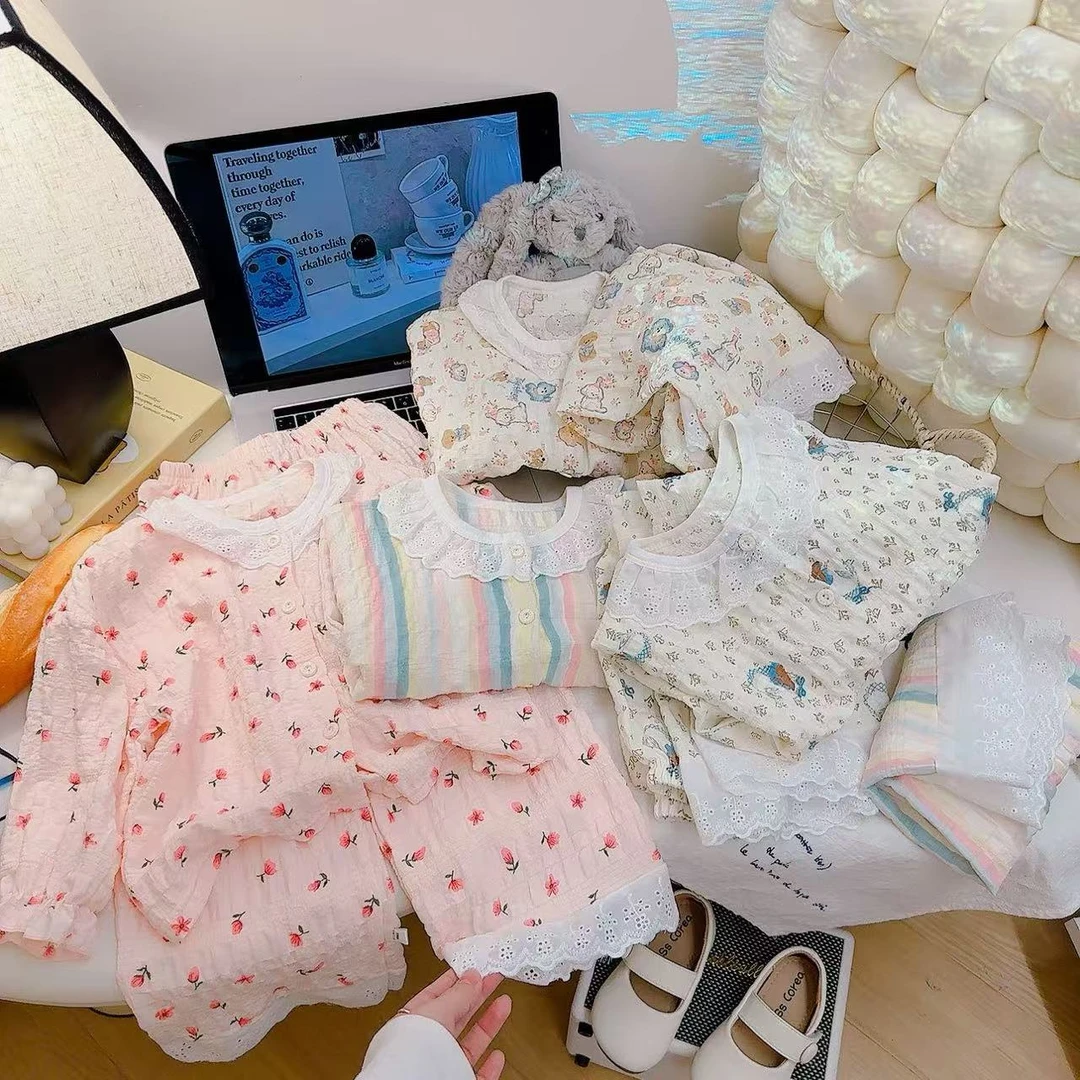 2025新款亲子装家居服女童花边甜美八分袖睡衣7A抗菌时光棉套装