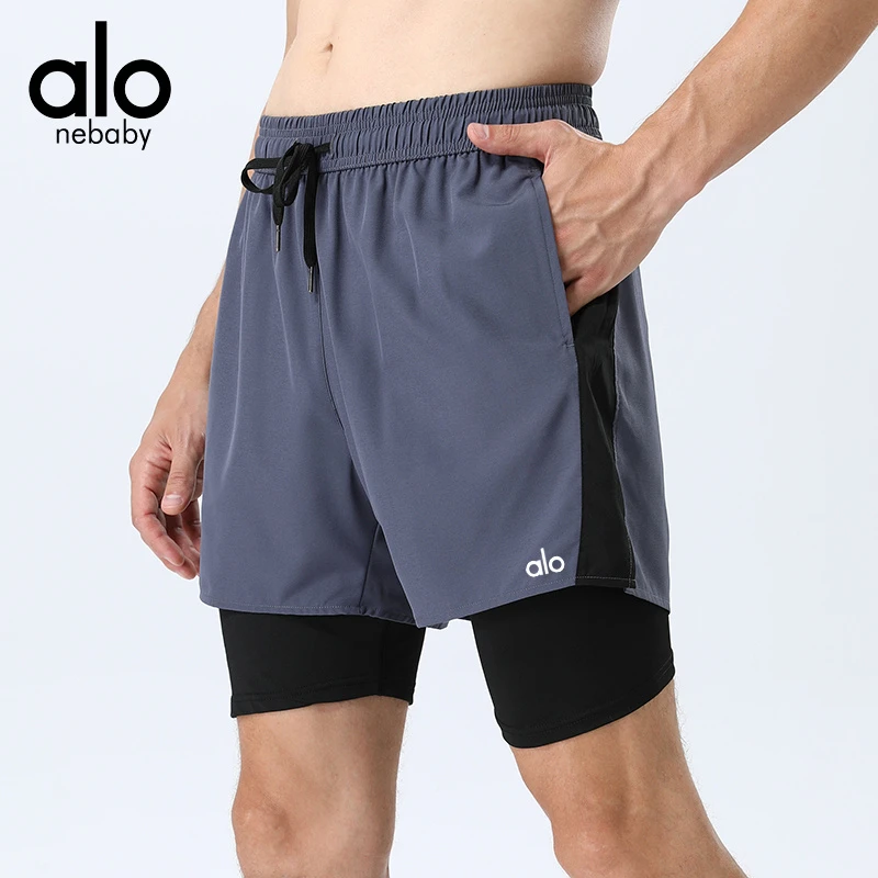 alo nebaby运动短裤男跑步速干宽松轻薄透气双层弹力假两件健身裤