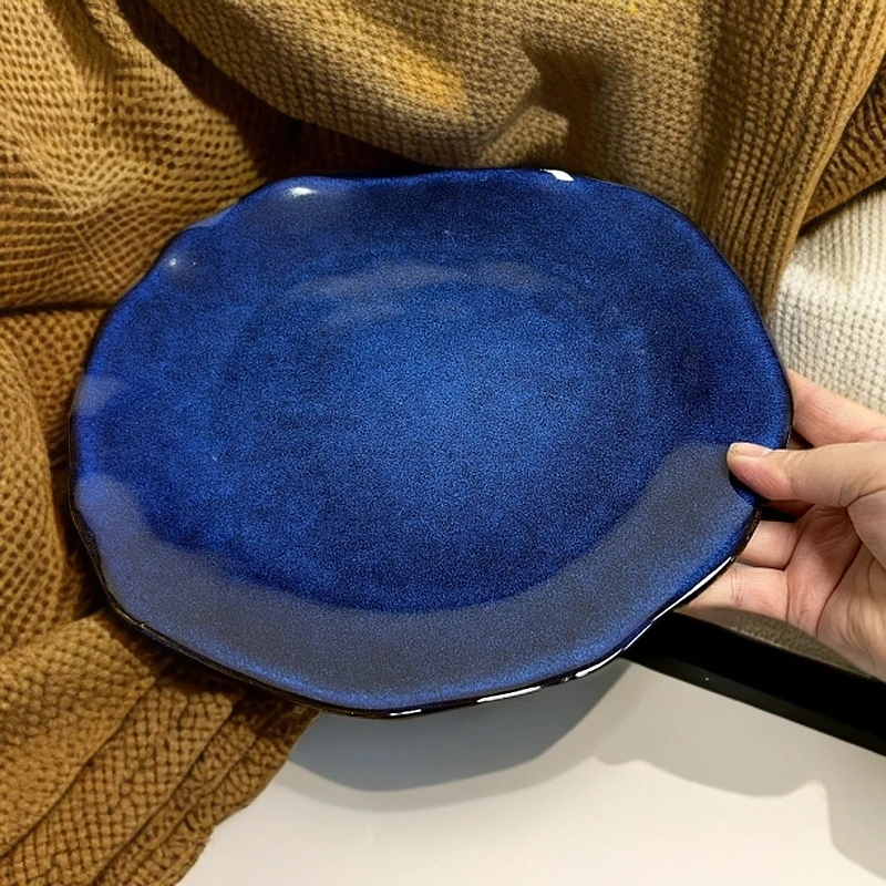 大盘优雅陶瓷盘简约设计艺术感蓝色盘子陶瓷荷叶盘菜盘辣3739微瑕
