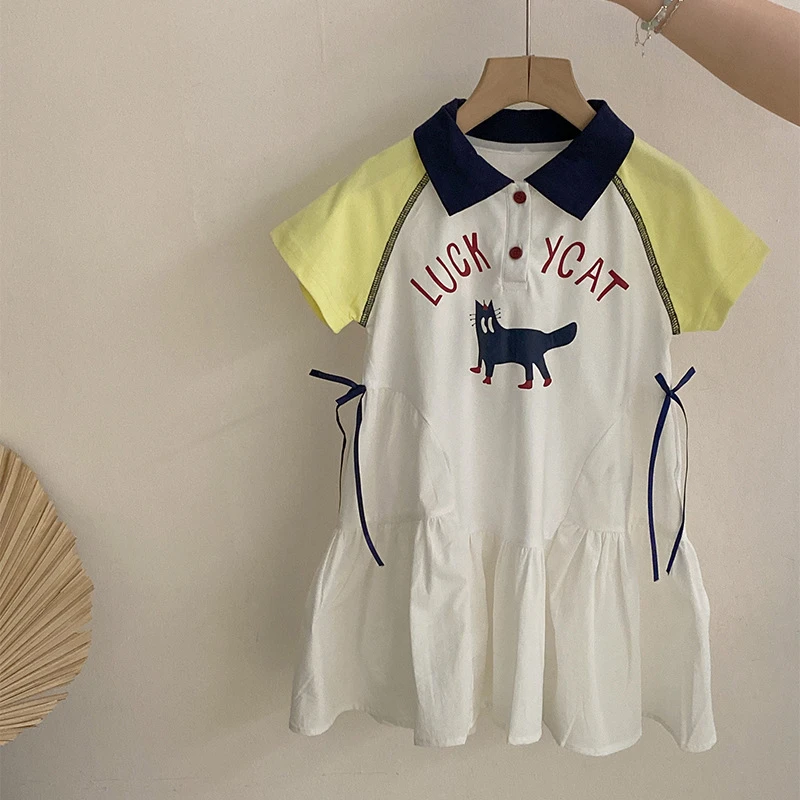 【安安家】女童猫咪字母蝴蝶结短袖连衣裙夏撞色插肩袖中大童R25358