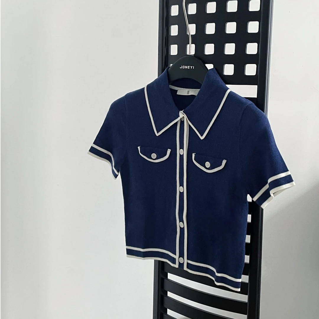 E轮E16【巴黎漫游记】Paris高智学院感—描边针织Polo领短袖