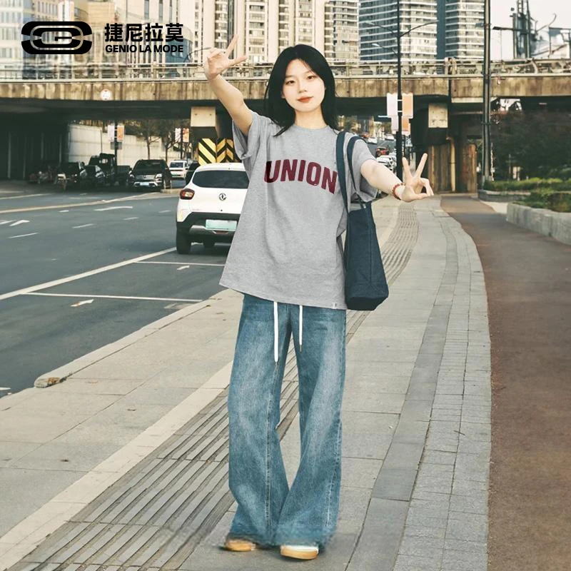 灰色短袖t恤女夏季2025新款美式复古宽松显瘦学生春夏geniolamode