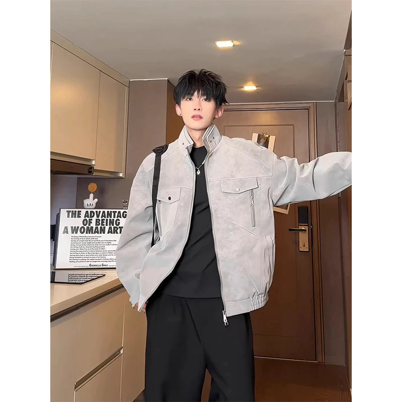 美式复古pu皮衣男款春秋短款cleanfit立领工装飞行夹克高级感外套