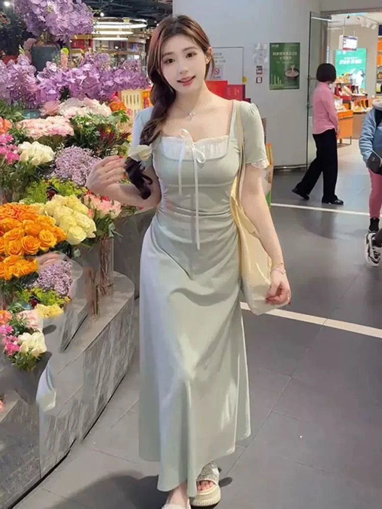 大码女装夏季连衣裙法式撞色新款气质胖mm收腰裙子显瘦方领中长裙