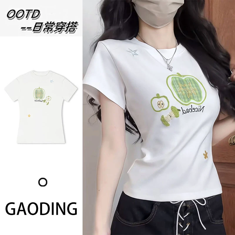 美式复古苹果贴布刺绣短袖T恤女夏季新款设计感短款辣妹显瘦上衣