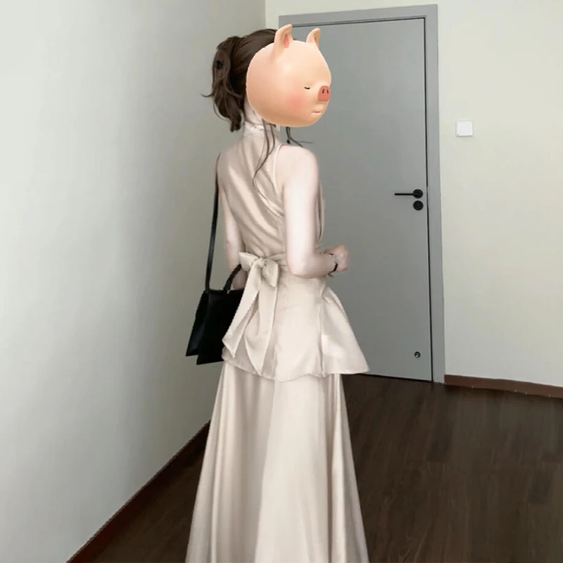 2025新款气质无袖挂脖连衣裙子女夏季高级感穿搭一整套长裙2839