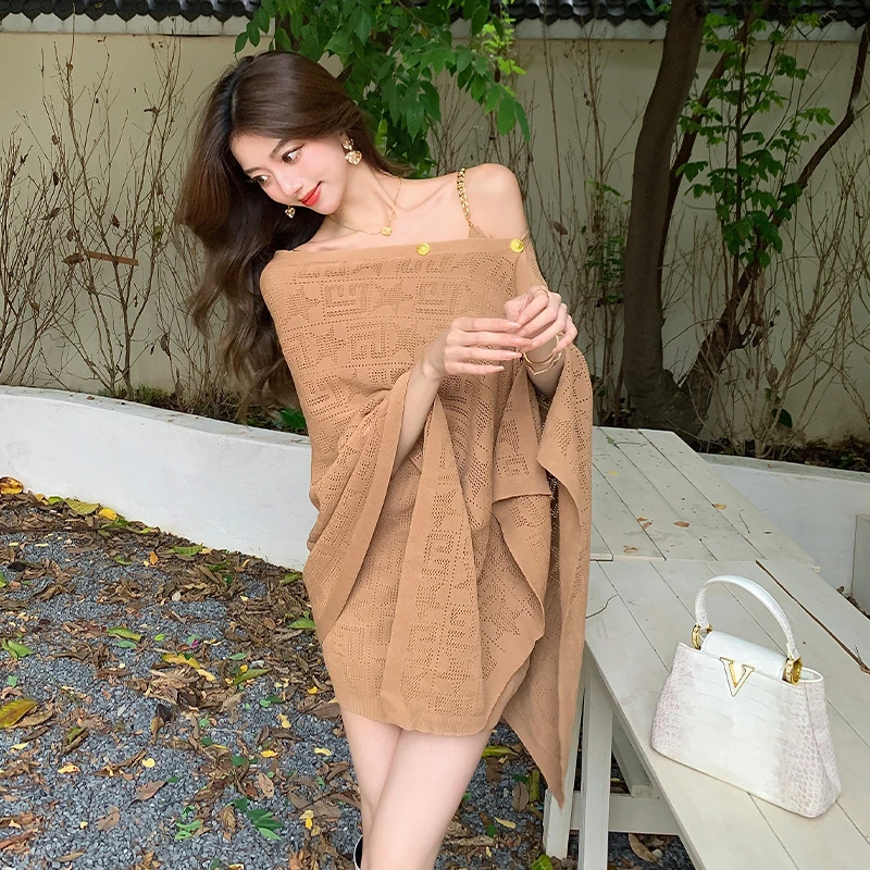 名媛御姐套装女不规则针织斗篷秋穿搭一整套高级感吊带连衣裙