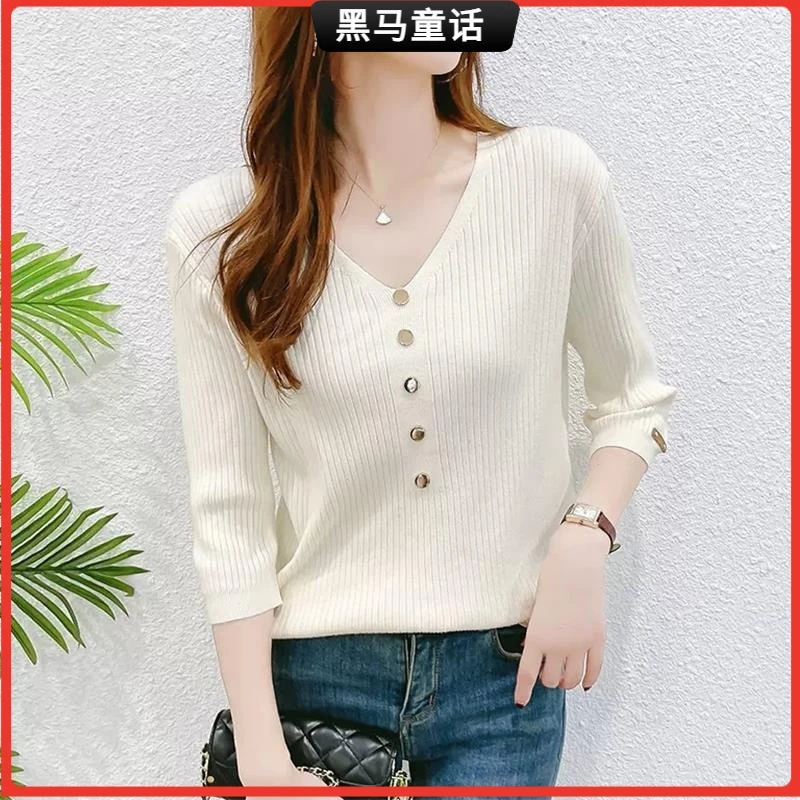 1早春七分袖衫2025初春新款女装V领中袖上衣薄宽松内搭打底衫I