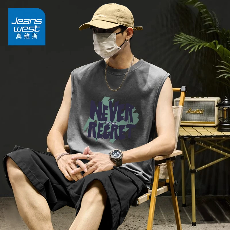 真维斯夏季纯棉无袖背心男宽松潮牌无袖坎肩男生运动休闲印花上衣