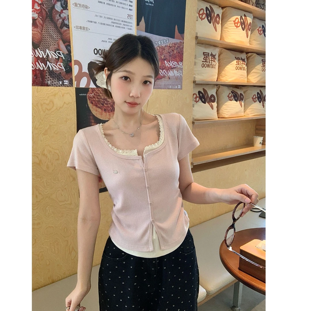 大码夏季纯欲甜辣假两件T恤蕾丝花边不规则收腰显瘦弧形上衣5011