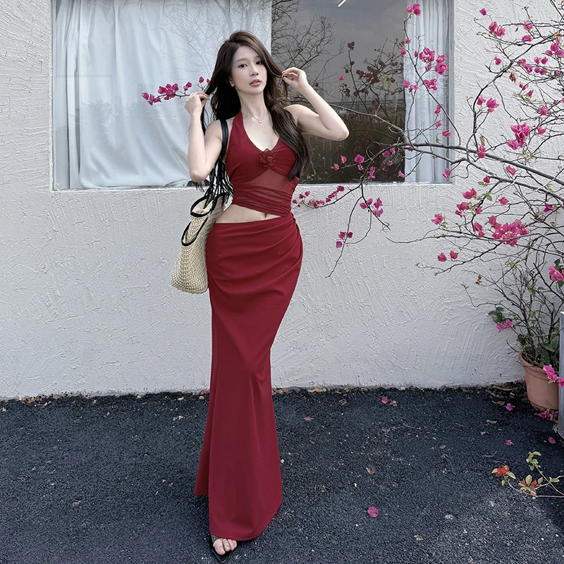 法式性感V领网纱拼接露腰连衣裙春季新款气质修身显身材包臀长裙