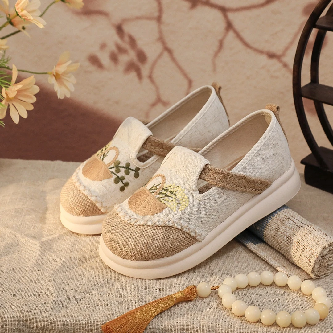 {稻香}春夏女生绣花运动老北京单鞋民族风亚麻学生布鞋软底古风
