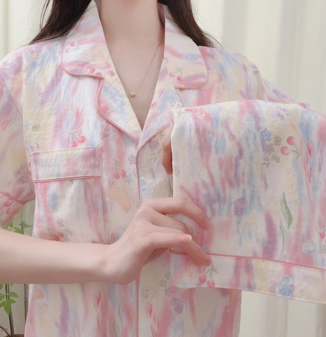 【胸垫版】渲染专柜2025夏季短袖睡衣女宽松粉色蝴蝶家居服三件套