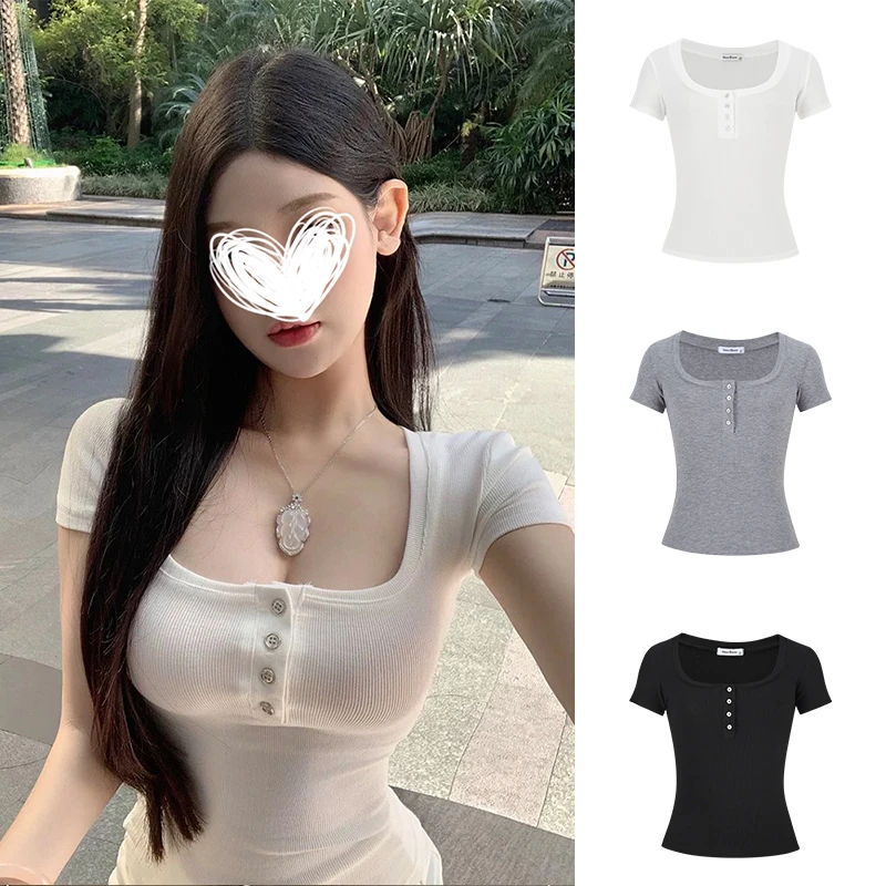 Moses Queen/魔西女王纯欲甜辣妹性感低胸短款t恤女夏季方领上衣