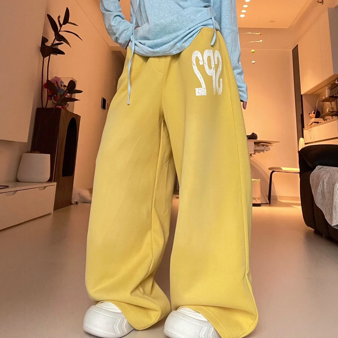 布零零香蕉黄美式复古休闲运动裤子女宽松阔腿hiphop直筒卫裤小众
