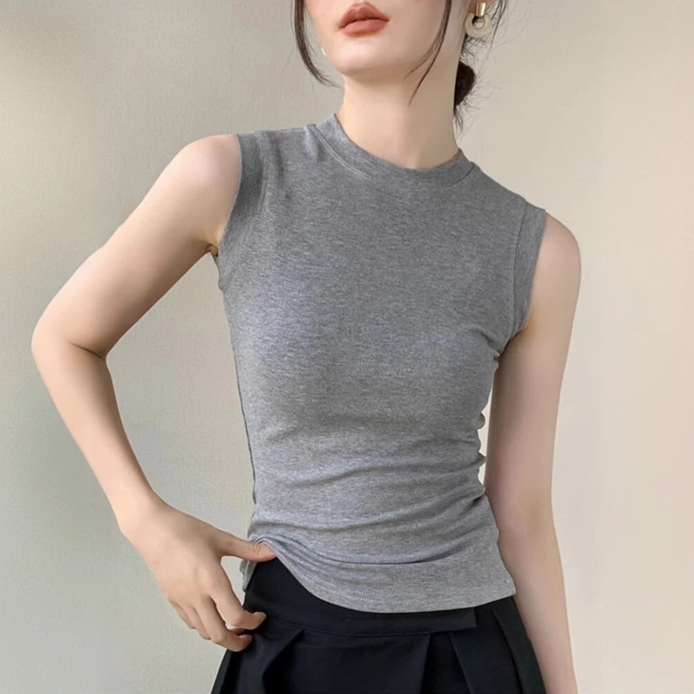 灰色背心打底衫女2026春夏圆领修身无袖T恤遮副乳西装内搭上衣ins