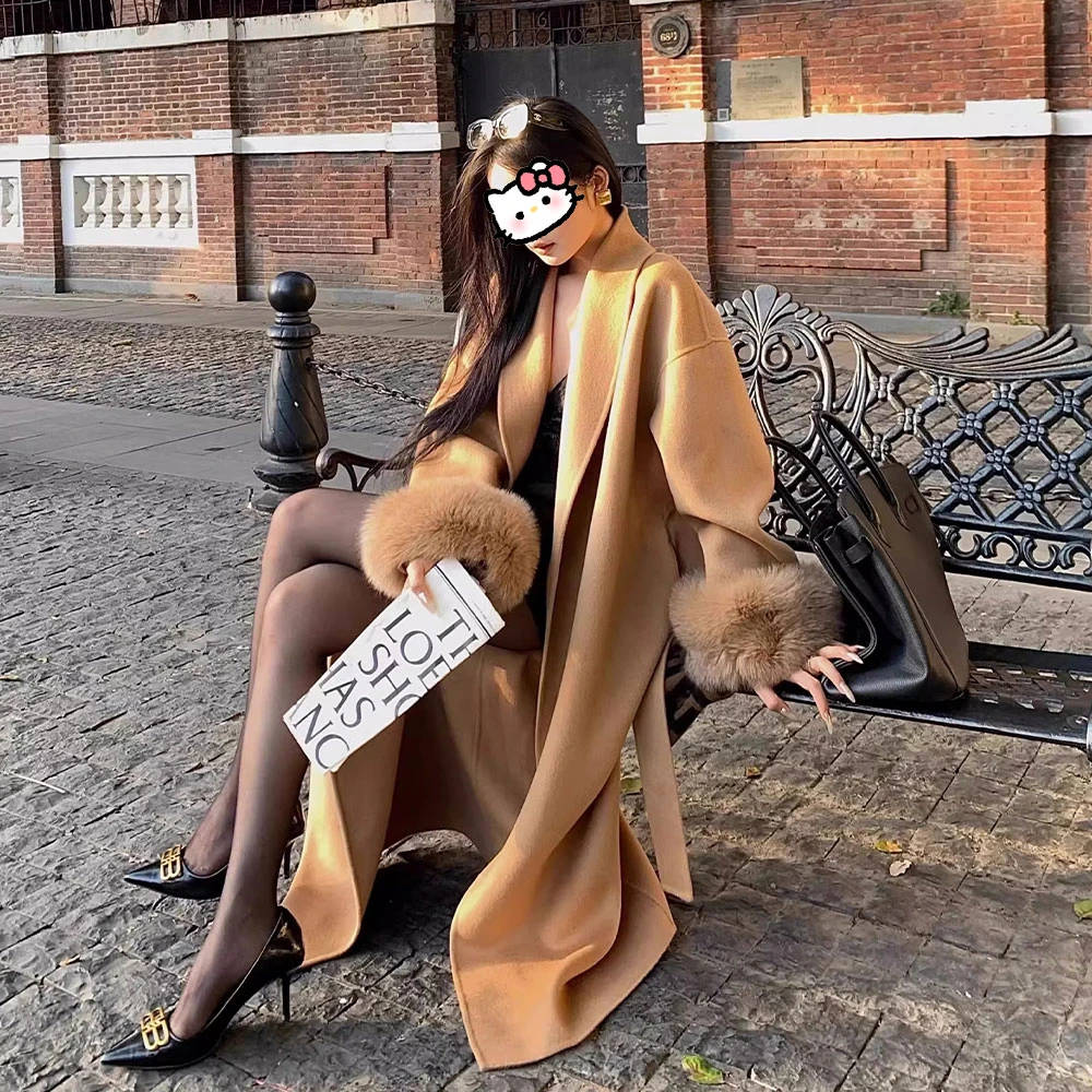 2025年秋冬新款时尚气质高级感纯色百搭显瘦系带袖口毛毛呢外套女